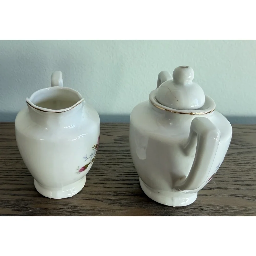 Vintage Japan‎ Floral Sugar Bowl Creamer Set Gold Trim Pink Roses Cottage